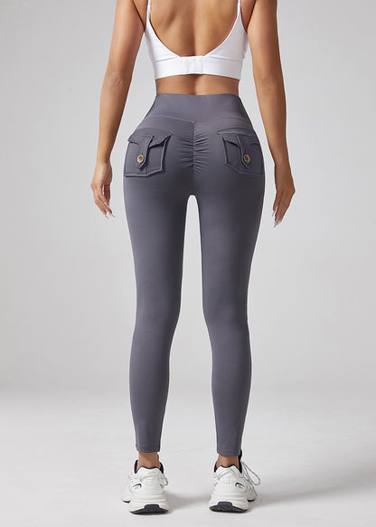 Yoga Waist Pleated Peach Hip Lifting Sports Pants For Female Workers, Pocket High Waisted Button Down Pants