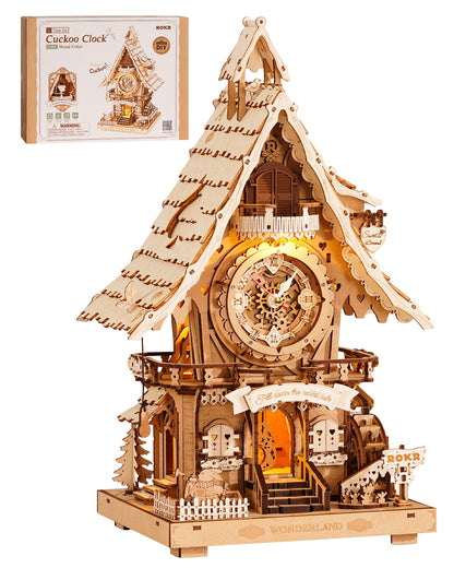 ROKR 3D Wooden Cuckoo Clock Puzzle, A Fun 3D Clock Puzzle Toy With LED Lights And Cuckoo Sounds, 435-piece Mechanical Wall Clock DIY Assembly Set, Suitable For Adults,LC901