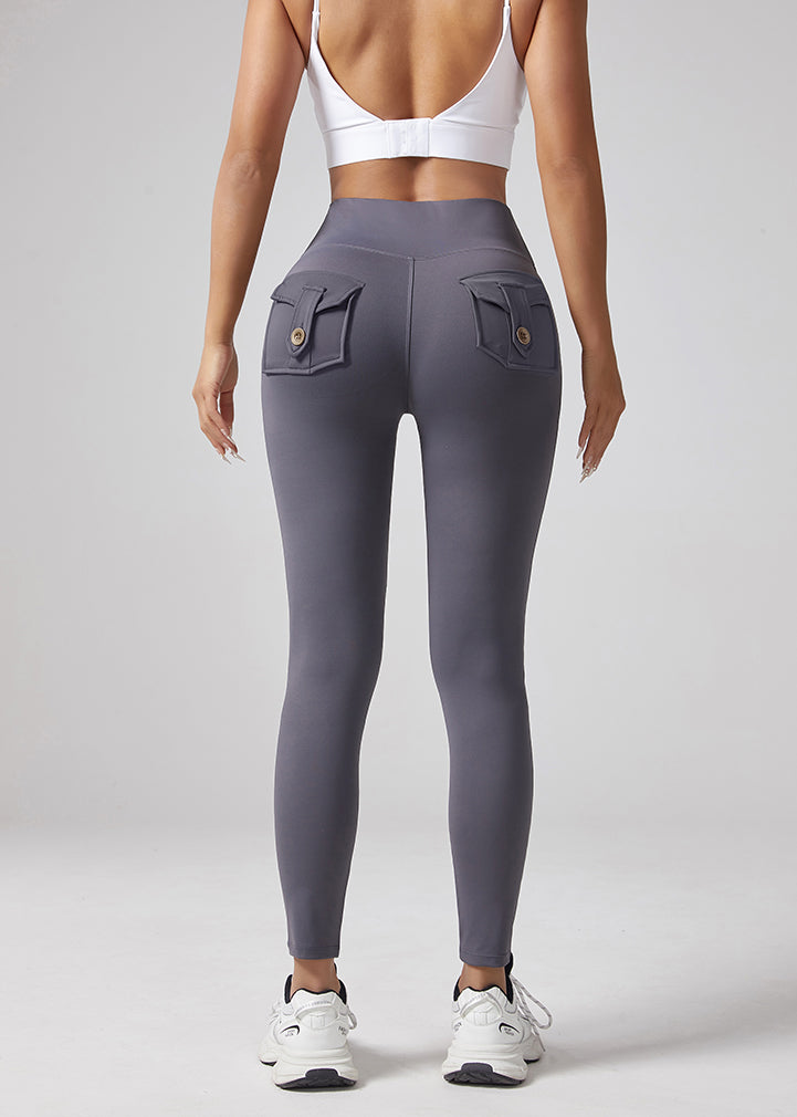 V-waist Yoga Elastic Tight Pants, Women's Peach Hip Lifting Running Speed Drying Yoga Pants, Workwear Pocket Button Pants
