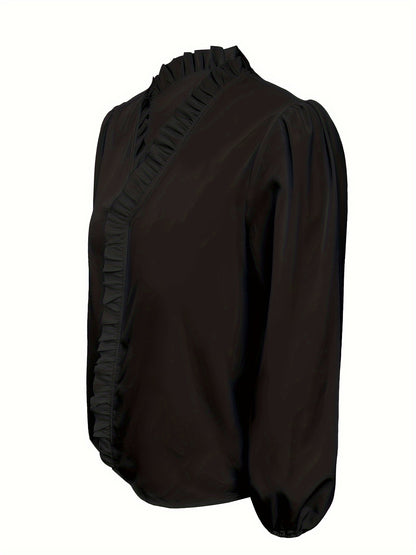 Pure Color Ruffle Hemline Shirt, Casual V-neck Long Sleeve Shirt.