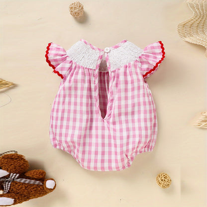Baby Girl's Short Sleeve Checkered Romper Heart Embroidery & Ruffle Detail With Back Cut-Out And Snap Closure