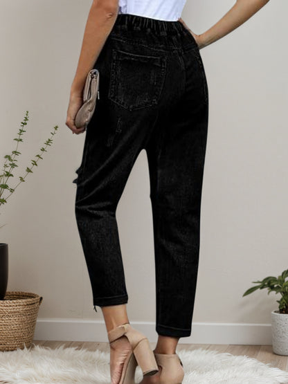 New Women’s Casual Set Wearing Distressed Stretch Jeans, Elastic Waisted Jeans, Denim Jogging Pants