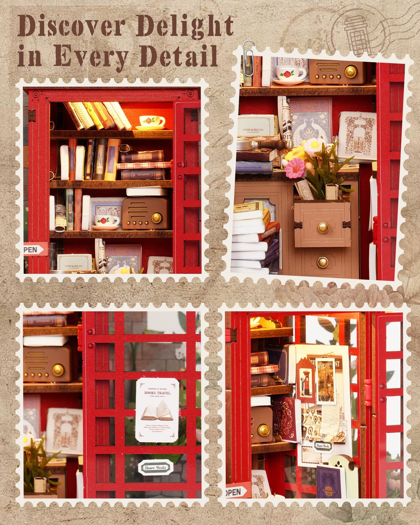 Robotime Cherry Blossom Book Stand 3D Wooden Puzzle Set - 116-Piece Mini Telephone Booth Model With LED Light, DIY Craft Toy, Home Desktop Decoration, Gift For Adults & Teens
