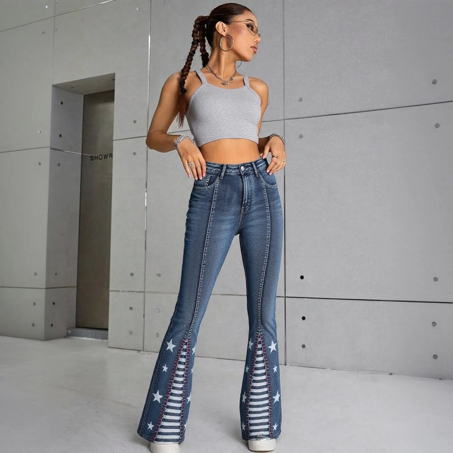 Women's High Waisted Star Patchwork Flare Bell Bottom Denim Pants 4th Of July Outfits For Curvy Girls Slim Fit Curve Enhancing Soft Stretch Fabric