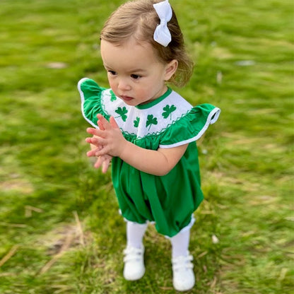 Baby Short Sleeve Romper With Clover Embroidery, Ruffle Trim Playsuit For Summer Vacation