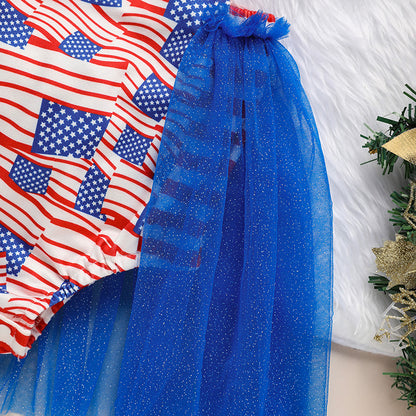 Baby's Independence Day Style Flag Pattern Triangle Bodysuit, Casual Sleeveless Bowknot Romper