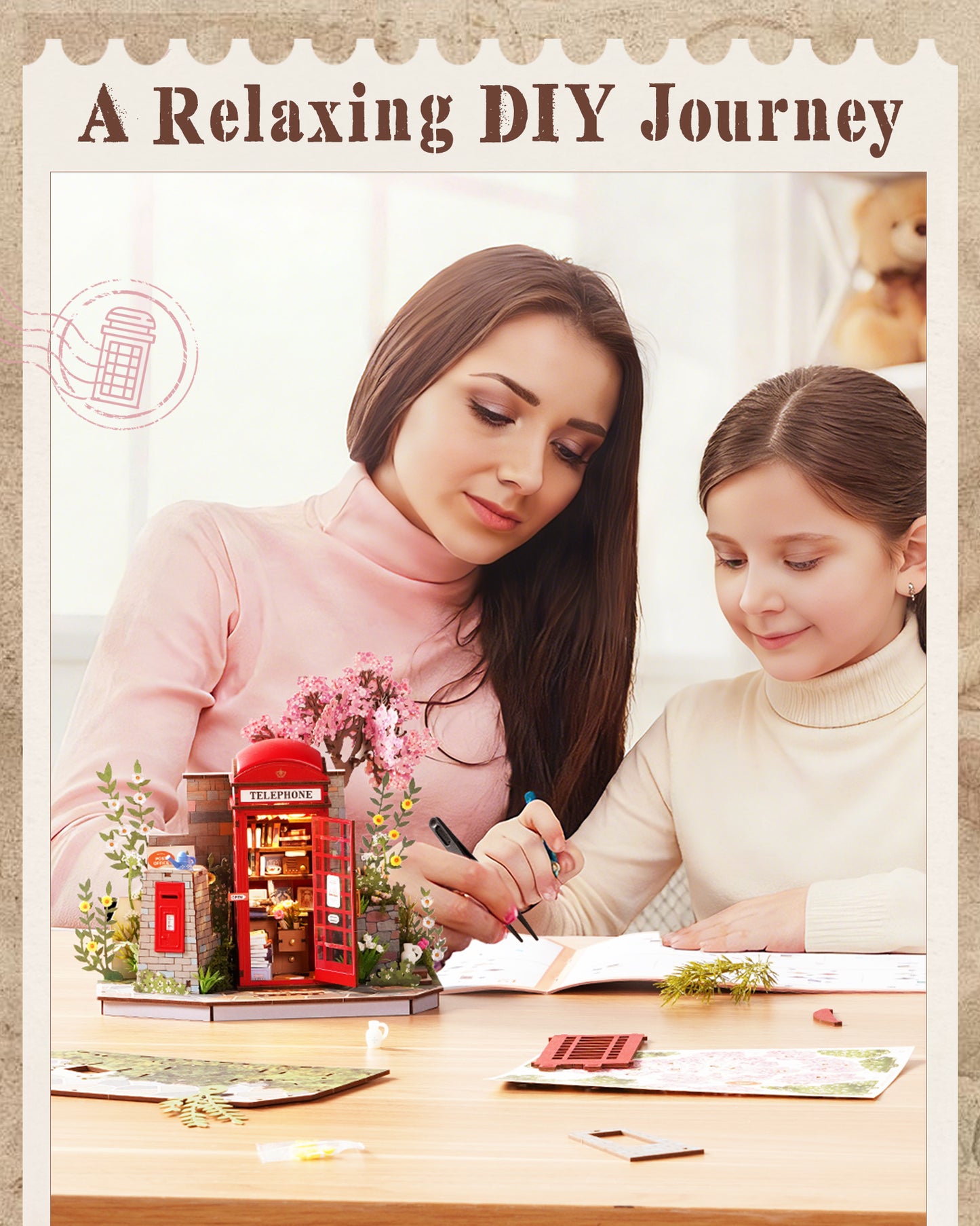 Robotime Cherry Blossom Book Stand 3D Wooden Puzzle Set - 116-Piece Mini Telephone Booth Model With LED Light, DIY Craft Toy, Home Desktop Decoration, Gift For Adults & Teens