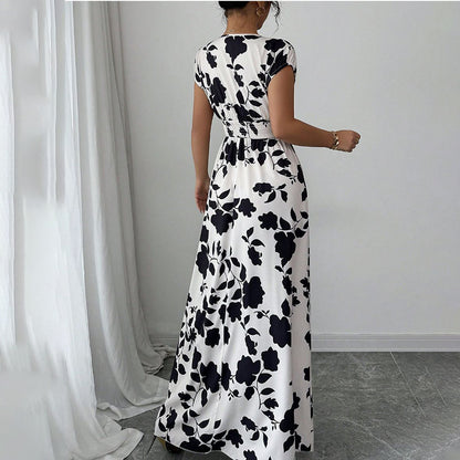 Women's Wrap V Neck Short Sleeve Empire Elastic Waist Summer Casual Elegant Maxi Long Dresses