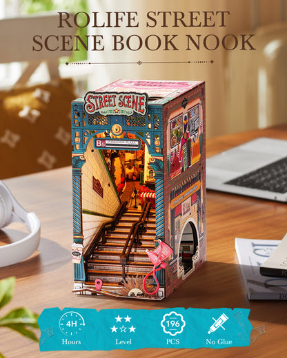 Rolife Urban Street Scene Bookend Set - 3D Subway Scene, 3D Puzzle Set With LED Lights, 196 Wooden Puzzle Pieces, Bookshelf Decoration With Dust Cover, Modern Urban 3D Model Gift