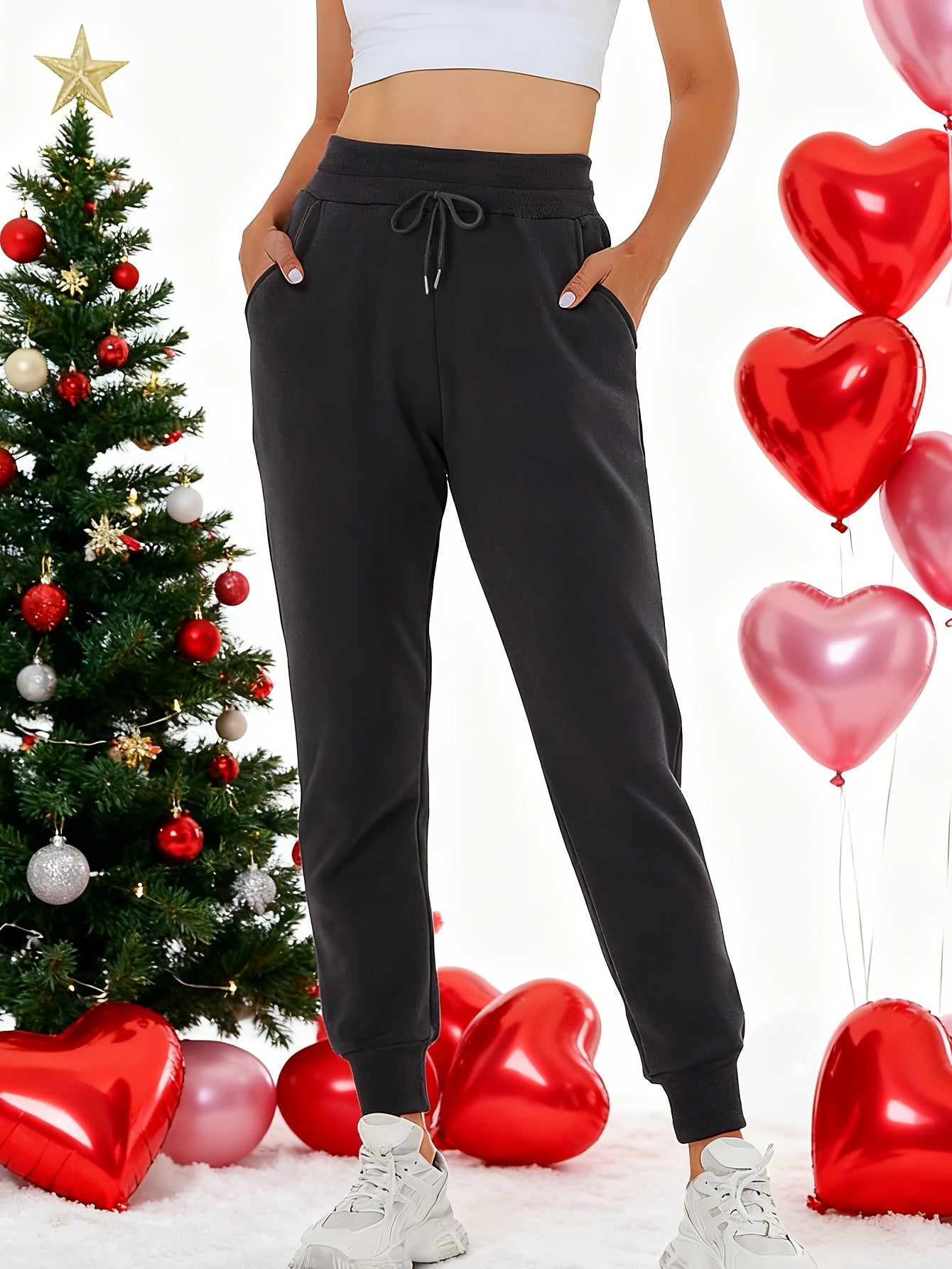 Women's Fleece Sweatpants Jogger Fleece Pants With Drawstring Waist, Boyfriend Style, Long, Solid Color, Slightly Stretchy Fabric