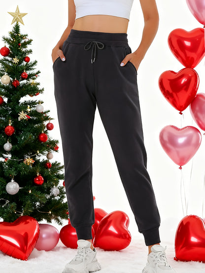 Women's Fleece Sweatpants Jogger Fleece Pants With Drawstring Waist, Boyfriend Style, Long, Solid Color, Slightly Stretchy Fabric