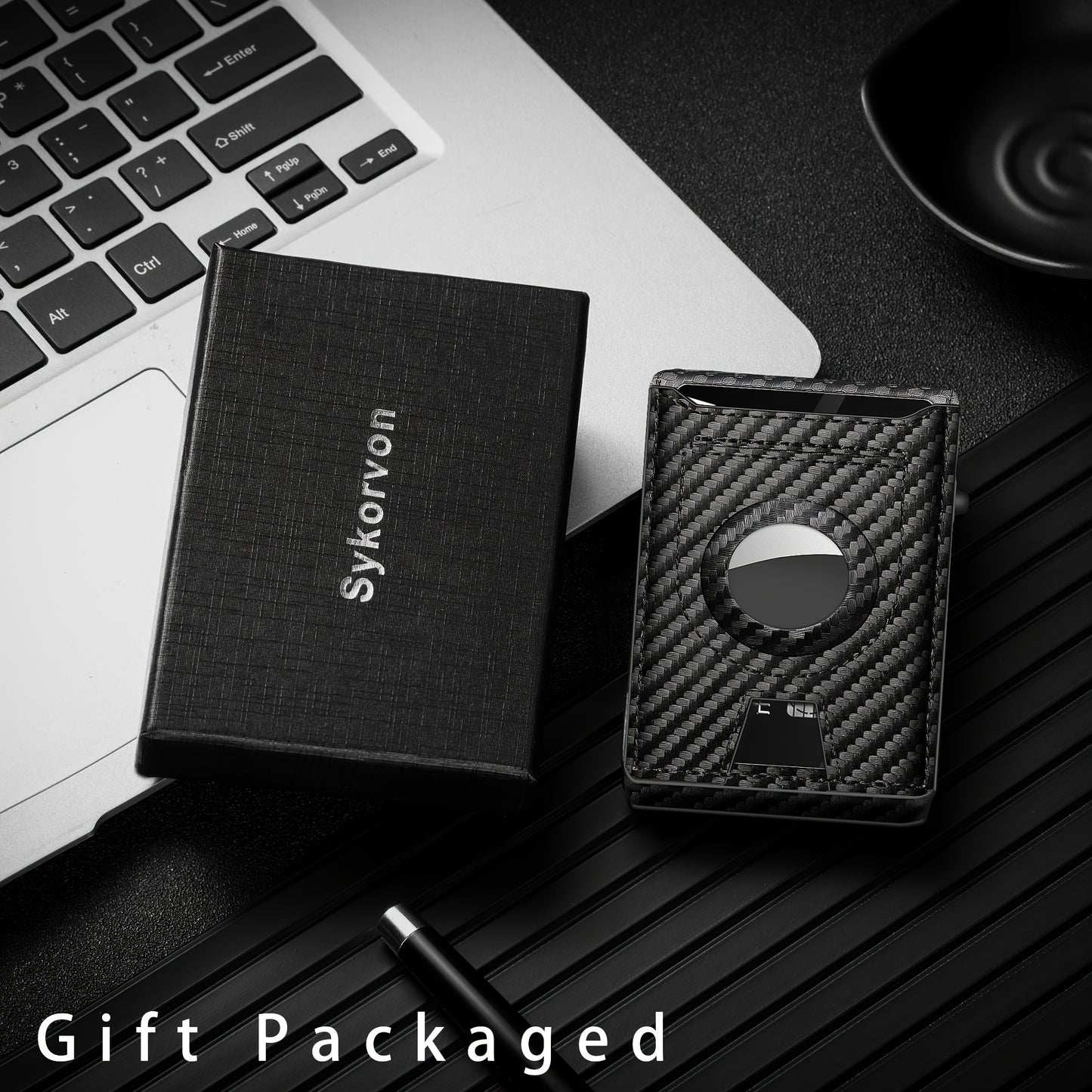 Men's Carbon Fiber RFID Blocking Bi-Fold Wallet With Pop-Up Aluminum Card Slot And AirTag Slot - Minimalist Black Credit Card Holder