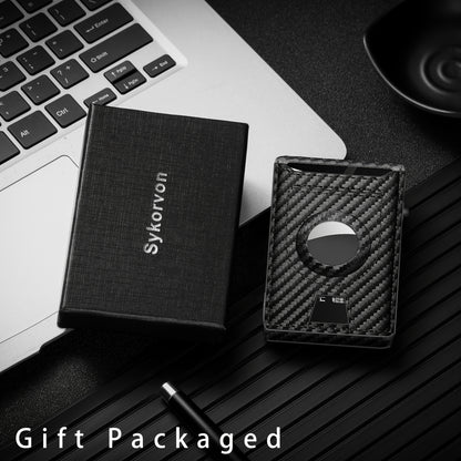 Men's Carbon Fiber RFID Blocking Bi-Fold Wallet With Pop-Up Aluminum Card Slot And AirTag Slot - Minimalist Black Credit Card Holder