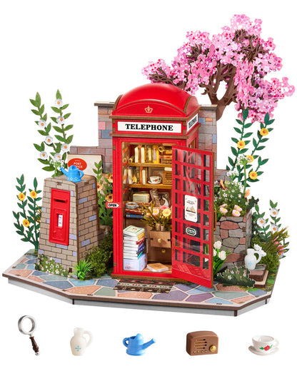 Robotime Cherry Blossom Book Stand 3D Wooden Puzzle Set - 116-Piece Mini Telephone Booth Model With LED Light, DIY Craft Toy, Home Desktop Decoration, Gift For Adults & Teens