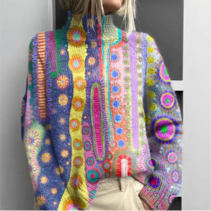 Printed Casual Turtleneck Bedford Cord Sweater