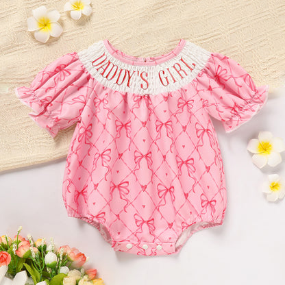 Baby Girl's Bowknot Graphic Print Romper, Daddy's Girl Letter Print Triangle Jumpsuit With Bubble Sleeves