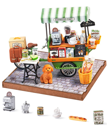 Rolife Coffee Cart Mini DIY Kit, 290-piece 3D Wooden Dollhouse Model, European Street Style, No Glue Required, Desktop Decoration And Handmade Gift For Adults