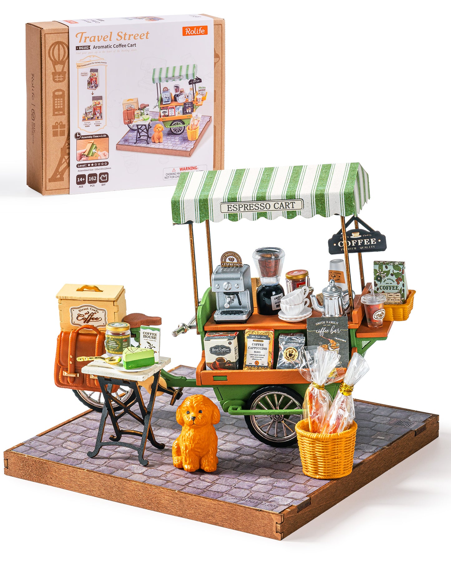 Rolife Coffee Cart Mini DIY Kit, 290-piece 3D Wooden Dollhouse Model, European Street Style, No Glue Required, Desktop Decoration And Handmade Gift For Adults