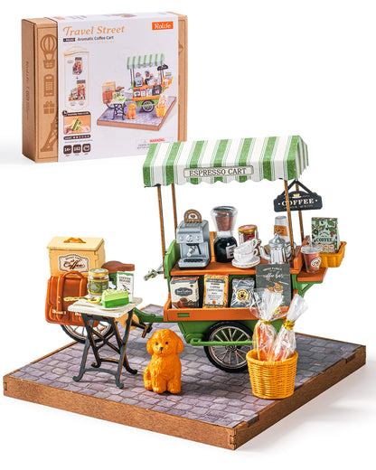 Rolife Coffee Cart Mini DIY Kit, 290-piece 3D Wooden Dollhouse Model, European Street Style, No Glue Required, Desktop Decoration And Handmade Gift For Adults