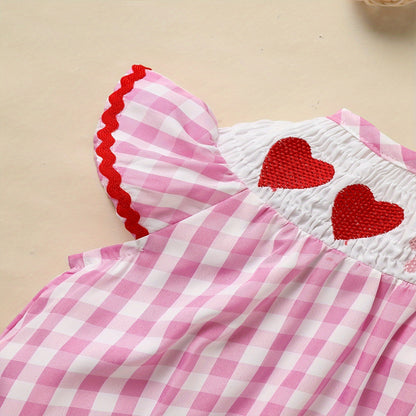 Baby Girl's Short Sleeve Checkered Romper Heart Embroidery & Ruffle Detail With Back Cut-Out And Snap Closure