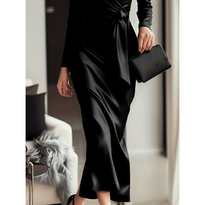 Women's Burgundy Satin Midi Dress Elegant V-Neck Long Sleeve Bodycon Dress With Belted Waist