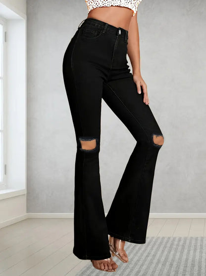 Women's Jeans In Plus Size, American Style With Ripped Holes, Micro Flared Jeans, High Waisted Flared Pants, Elastic Slim Fit Pants, Slimming Pants, Trendy Loose Casual Versatile Denim Straight Leg Pa