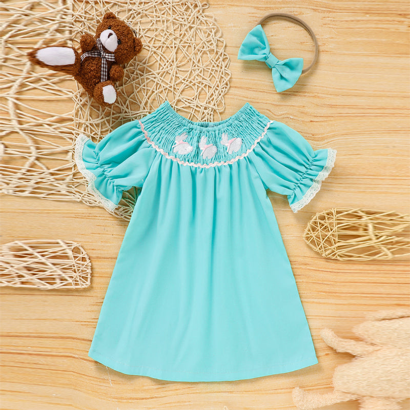 Toddler Girl's Bunny Dress Bow Headband Ruffle Sleeve Smocked Dress With Rabbit Embroidery For Summer