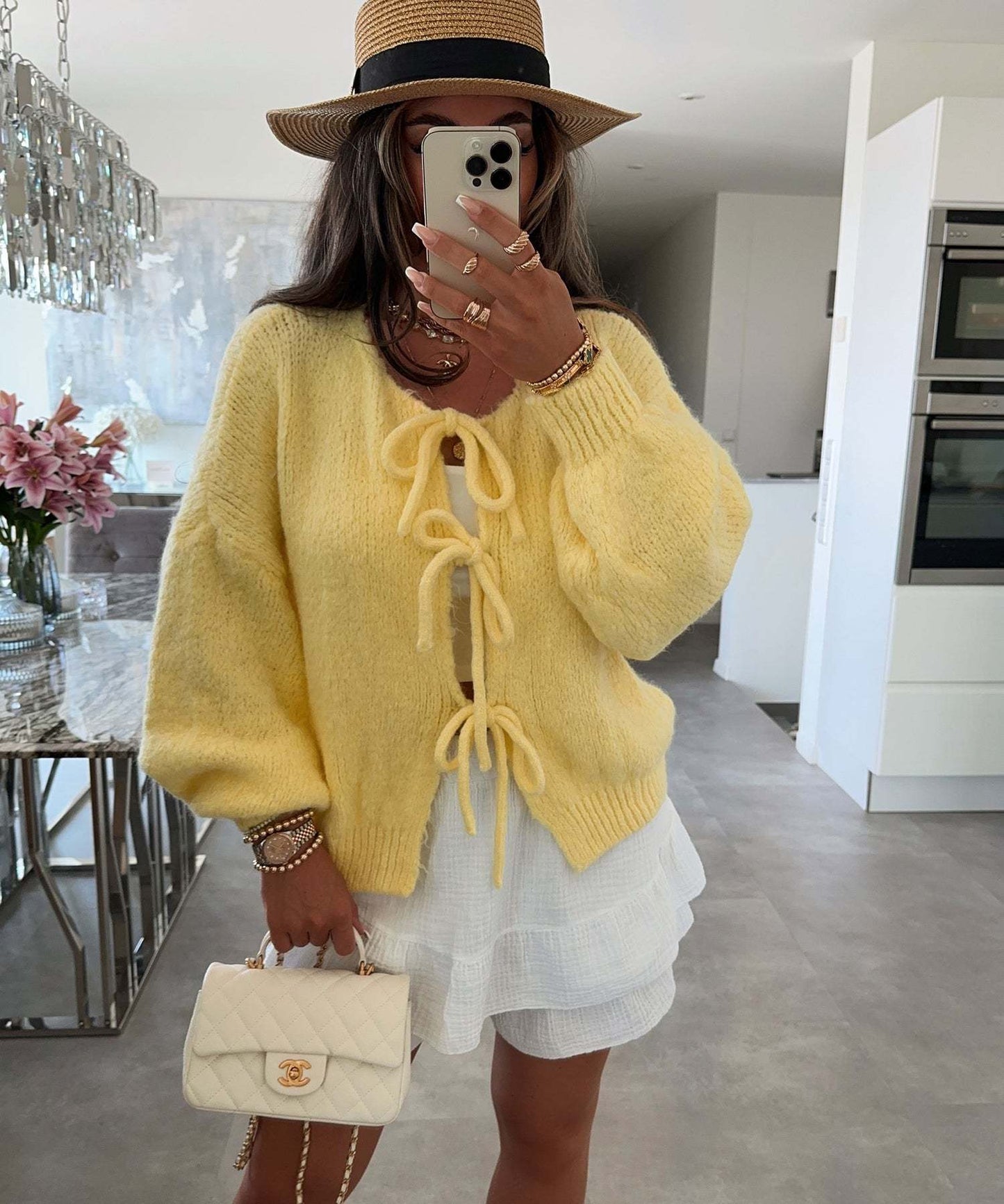 Casual Knitted Bow Lace Up Cardigan Women Solid O-neck Short Sleeve Hollow Out Sweater Female Autumn Lady Solid Streetwear