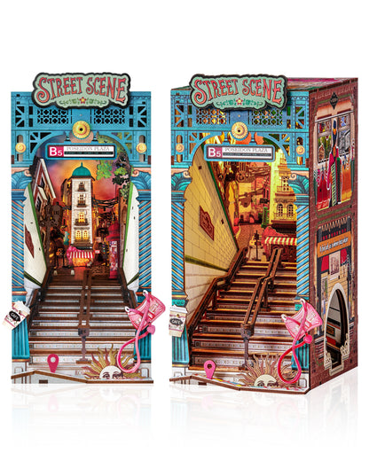 Rolife Urban Street Scene Bookend Set - 3D Subway Scene, 3D Puzzle Set With LED Lights, 196 Wooden Puzzle Pieces, Bookshelf Decoration With Dust Cover, Modern Urban 3D Model Gift