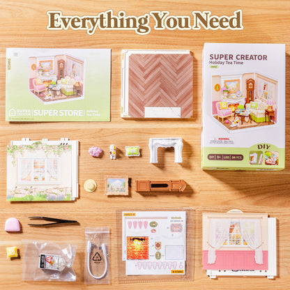 Rolife Super Creators DIY Plastic Mini House Building Set - 3D Puzzle With LED Lights, Compatible With Mini Figures, Multiple Themes Available, Suitable For Teenagers And Adults,DW023 DW024 DW025