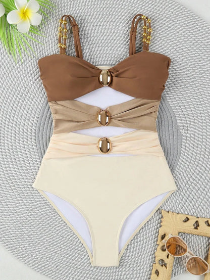 Women's One-piece Patchwork Color Camisole Swimsuit Metal Design