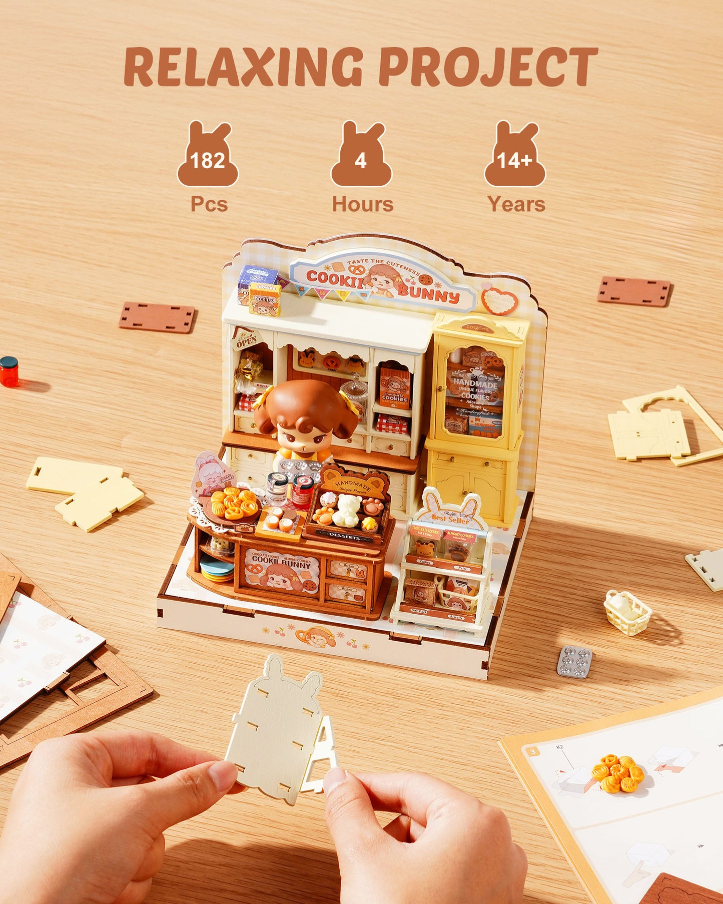 Rolife Cookii Rabbit's Biscuit Shop Mini DIY House Kit, 182-Piece Wooden Bakery Dollhouse, No Glue Required, Home Decor For Adults And Teens, Adorable Gift For Women