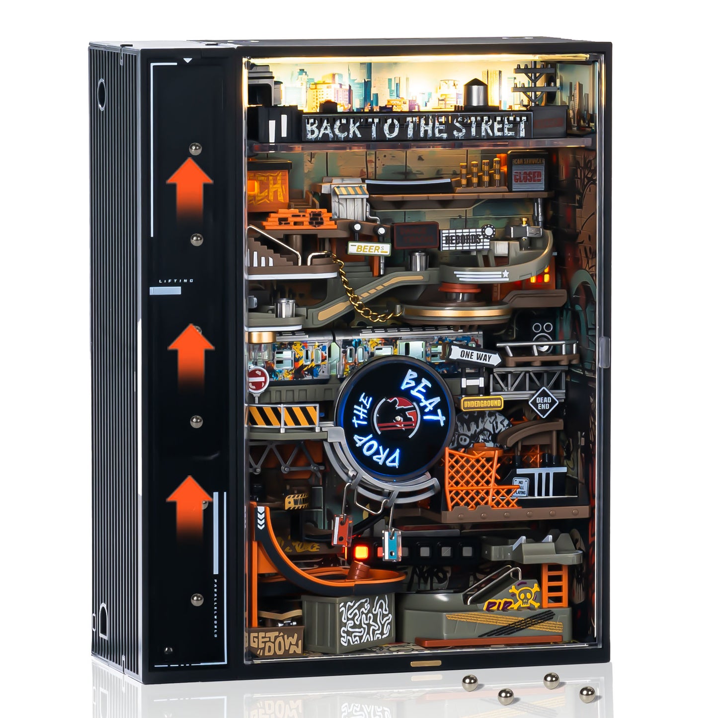 ROKR Parallel World Hip Hop Street Pinball Track, Mechanical 3D Puzzle With LED Lights And Automatic Lifting Function, USB Powered, Cyberpunk Desktop Ornament, DIY Model Assembly Kit MR03S