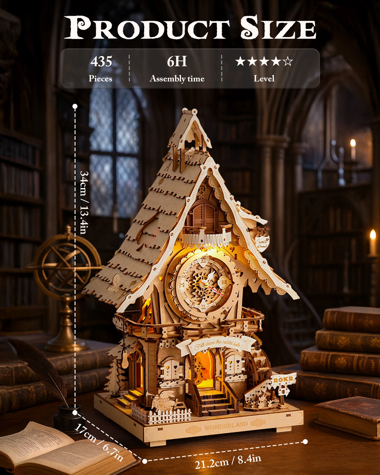 ROKR 3D Wooden Cuckoo Clock Puzzle, A Fun 3D Clock Puzzle Toy With LED Lights And Cuckoo Sounds, 435-piece Mechanical Wall Clock DIY Assembly Set, Suitable For Adults,LC901