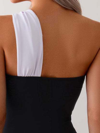 Women's One Shoulder One Piece Swimsuit Colorblock Asymmetrical Neck Bathing Suit