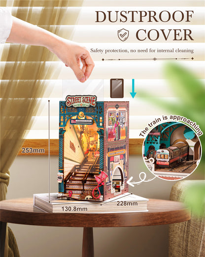 Rolife Urban Street Scene Bookend Set - 3D Subway Scene, 3D Puzzle Set With LED Lights, 196 Wooden Puzzle Pieces, Bookshelf Decoration With Dust Cover, Modern Urban 3D Model Gift