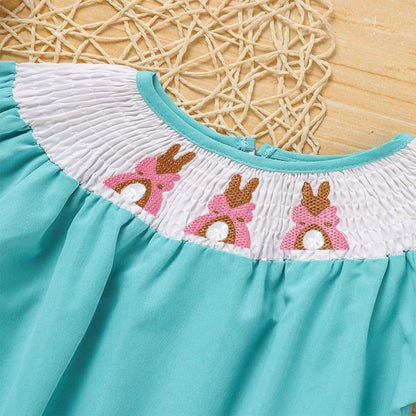 Baby Girl Comforable Bunny Romper Set, Bubble Sleeve Onesie With Bow Rabbit Embroidery
