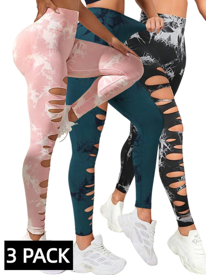 3 PACK Butt Lifting Yoga Gym Athletic Pants, Hollow Out Tummy Control Sports Leggings Tie Dye Running Pants