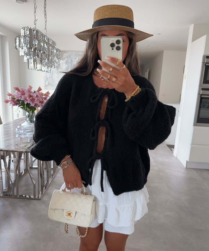 Casual Knitted Bow Lace Up Cardigan Women Solid O-neck Short Sleeve Hollow Out Sweater Female Autumn Lady Solid Streetwear
