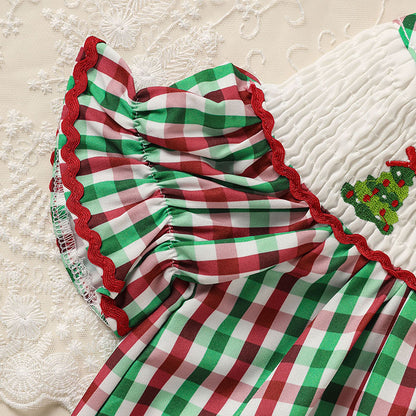 Toddler Infant Baby Girls Christmas Dress Short Sleeve Christmas Tree Embroidered Plaid Casual Party Dresses