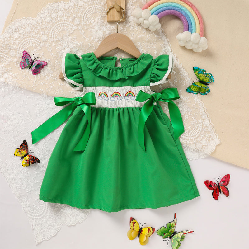 Toddler Girl's Ruffle Sleeve Dress Rainbow Embroidery & Bow Detail With Back Button Closure