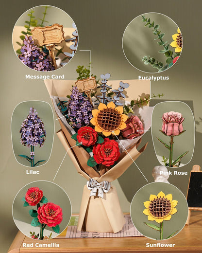 ROBOTIME Flowers 3D Wooden Puzzle Model Kits For Adults To Build, Artificial Flowers For Decoration, Home Decor Accessories Living Room, Gifts For Women On Valentine's Day, Flower Bouquet TW01H