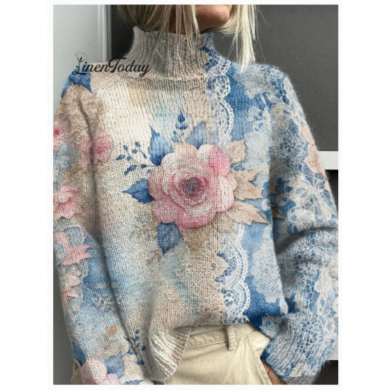 Printed Casual Turtleneck Bedford Cord Sweater