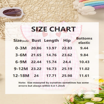 Baby Girl's Short Sleeve Checkered Romper Heart Embroidery & Ruffle Detail With Back Cut-Out And Snap Closure