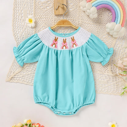 Baby Girl Comforable Bunny Romper Set, Bubble Sleeve Onesie With Bow Rabbit Embroidery
