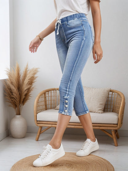 New Women Chic Chic Denim Shorts, Drawstring Closed And Split Button Hem, Comfortable Fabric, Suitable For All Kinds Of Wear, Spring And Summer Women’s Wear