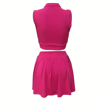 Women's 2 Piece Outfits Skirt Sets Summer Sleeveless Crop Top Pleated Short Mini Skirt
