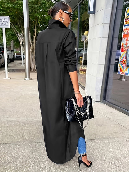 Women's Solid Button Design Longline Shirt, Casual Long Sleeve Outerwear For Daily Wear, Ladies Clothes For All Seasons, Top