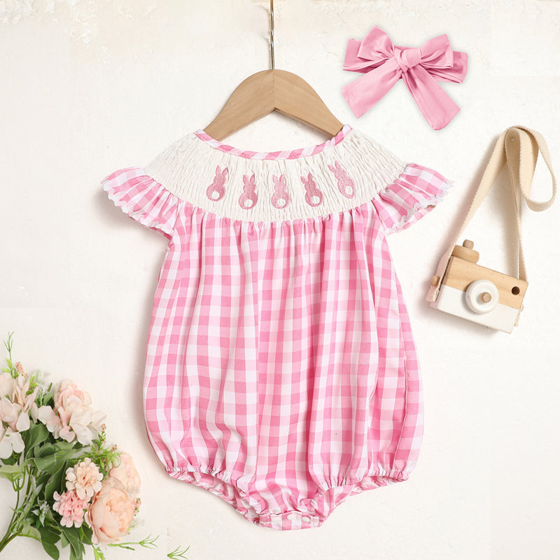 Baby Girl's Cute Bunny Romper Set, Cap Sleeve Bunny Embroidery Outfit With Headband - Pink Checkered Playsuit