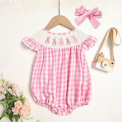 Baby Girl's Cute Bunny Romper Set, Cap Sleeve Bunny Embroidery Outfit With Headband - Pink Checkered Playsuit